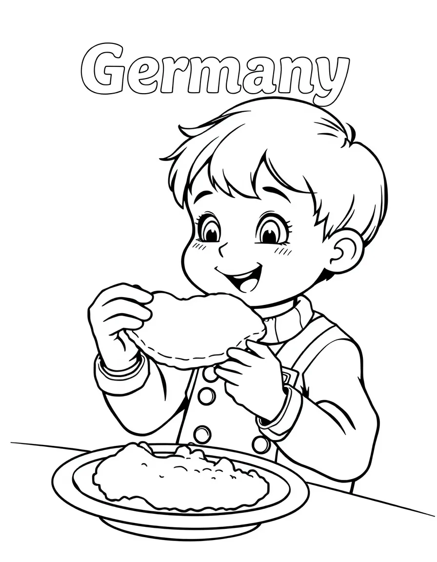 A child eating a schnitzel for Germany.