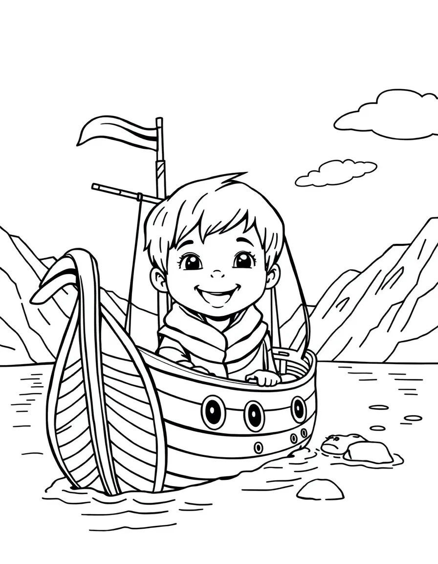 A smiling child with a Viking ship in a fjord for Norway.