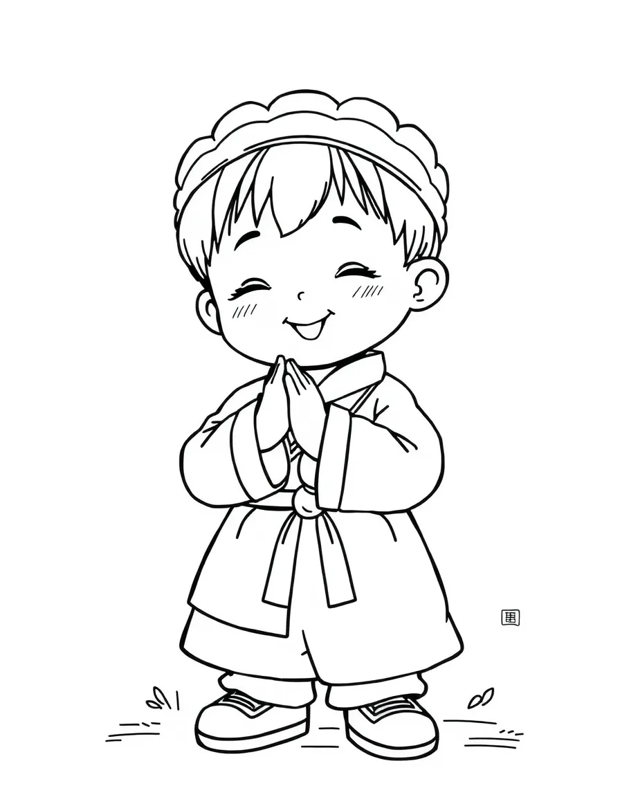A happy child doing a traditional Korean bow for South Korea.