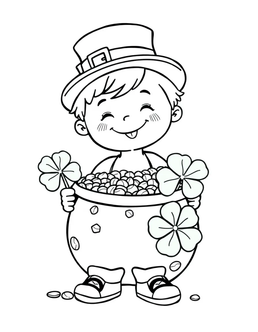 A cheerful child with a pot of gold and a lucky shamrock for Ireland.