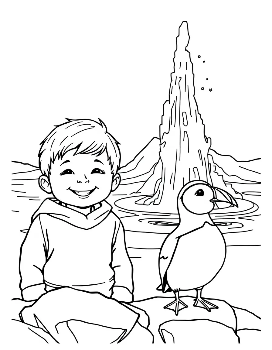 A smiling child near a geyser and a puffin for Iceland.