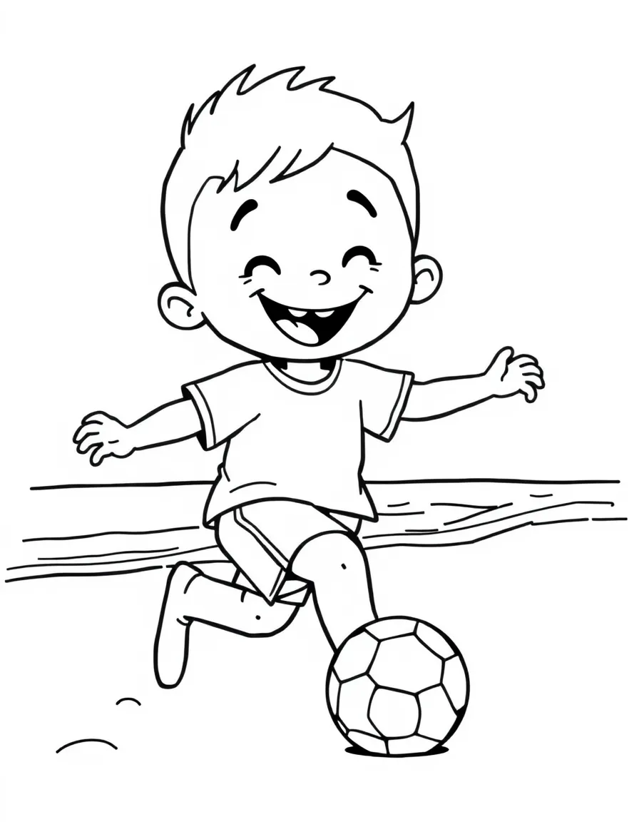 A smiling child kicking a soccer ball on the beach for Brazil.