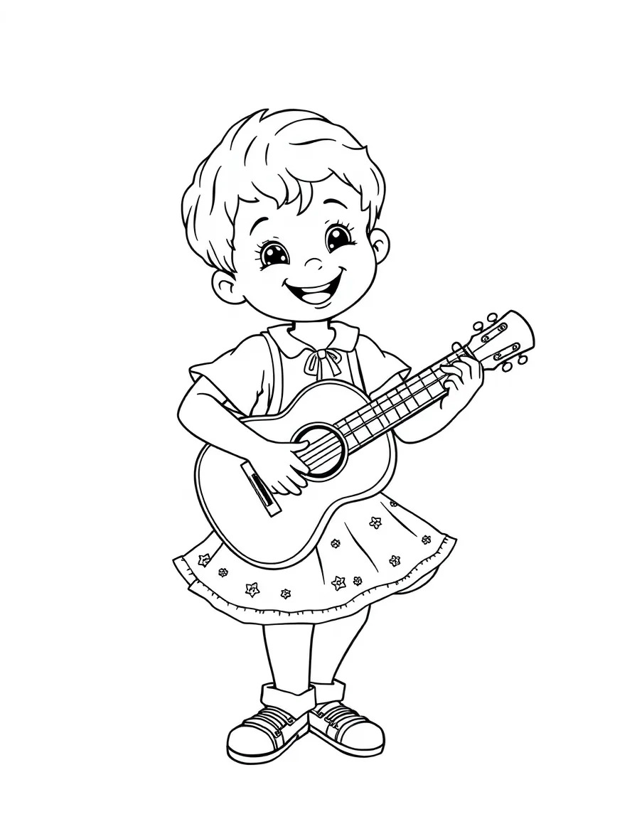 A happy child playing a guitar and dancing flamenco for Spain.