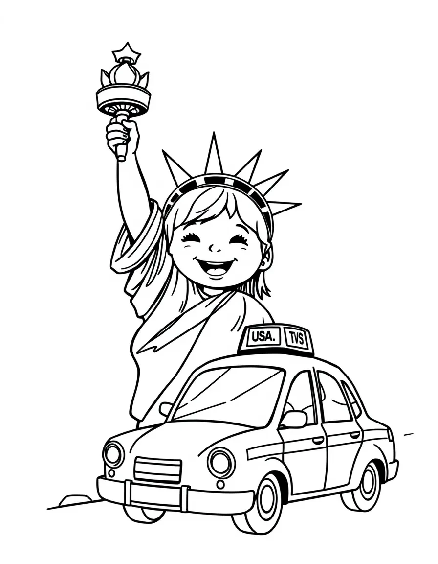 A cheerful child with a Statue of Liberty and a yellow taxi for USA.