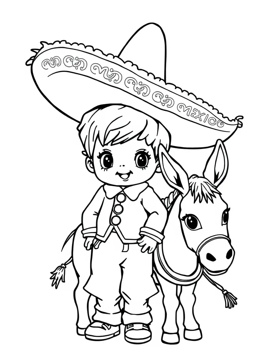 A child with a mariachi hat and a donkey for Mexico.