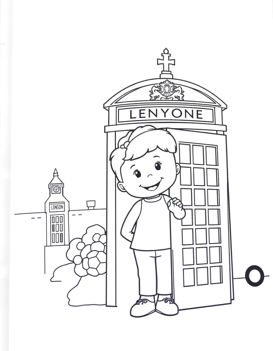 A smiling child with a red phone booth and a London bus for United Kingdom.