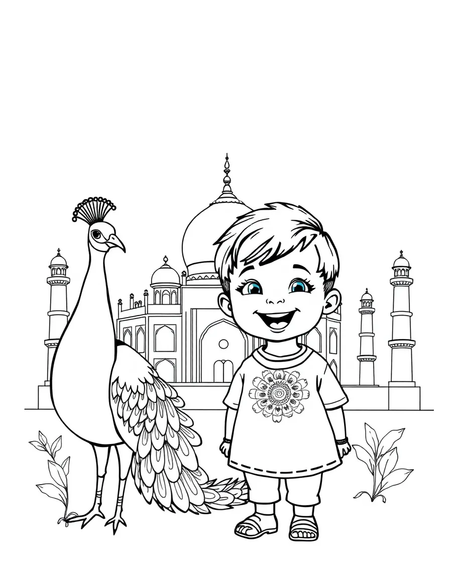 A happy child with a peacock and a Taj Mahal drawing for India.