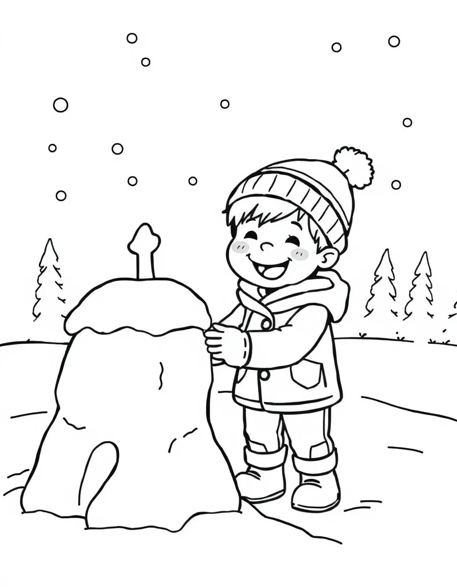 A cheerful child building a snow fort for Canada.