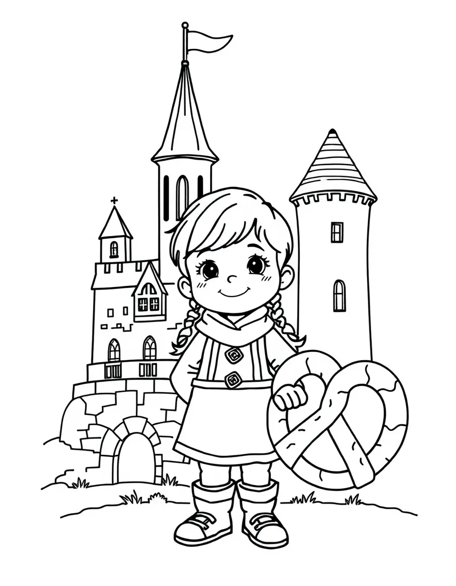 A child with a German castle and a pretzel for Germany.
