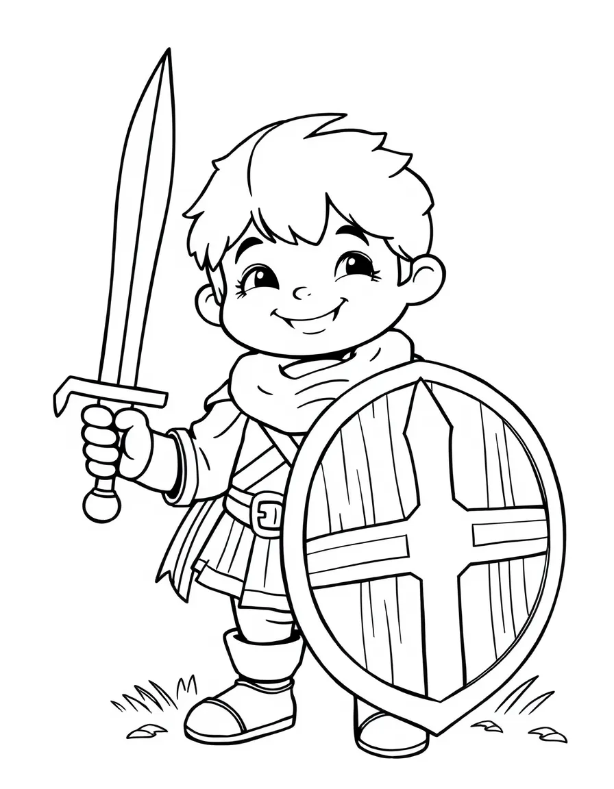 A smiling child with a Viking sword and shield for Norway.