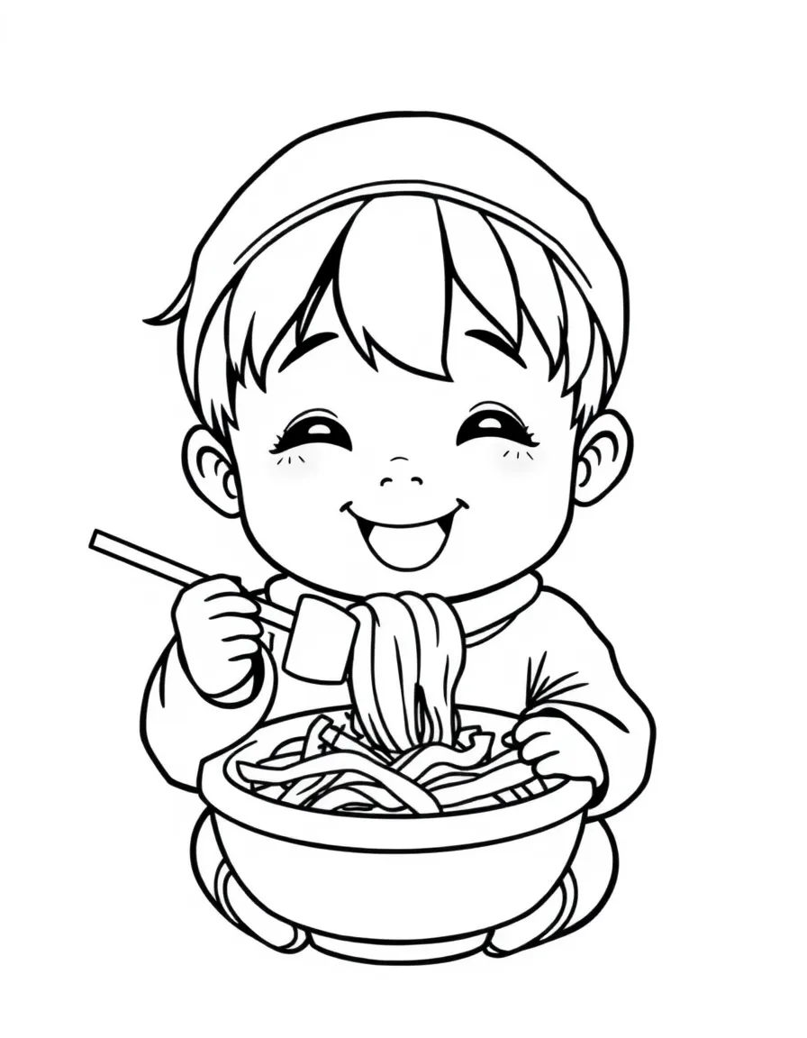A happy child eating kimchi for South Korea.