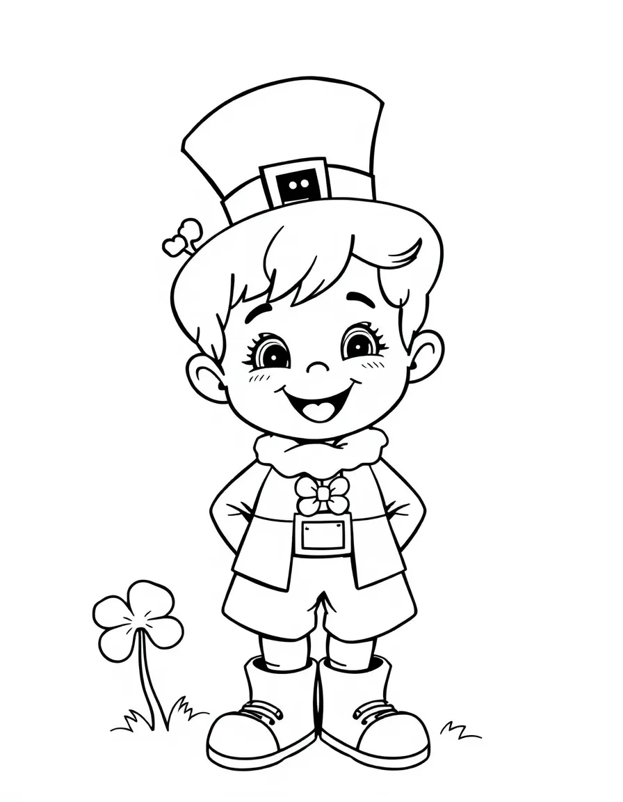 A cheerful child with a leprechaun and a rainbow for Ireland.
