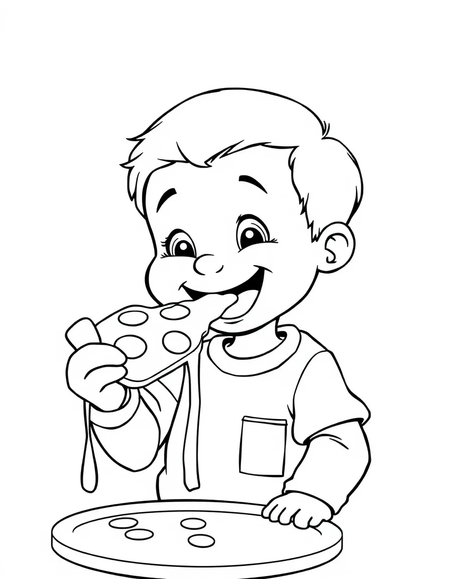 A happy child eating a pizza slice with cheese pulling for Italy.