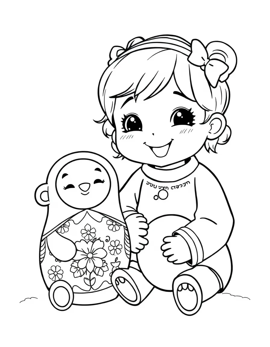 A cheerful child with a nesting doll and a bear playing for Russia.