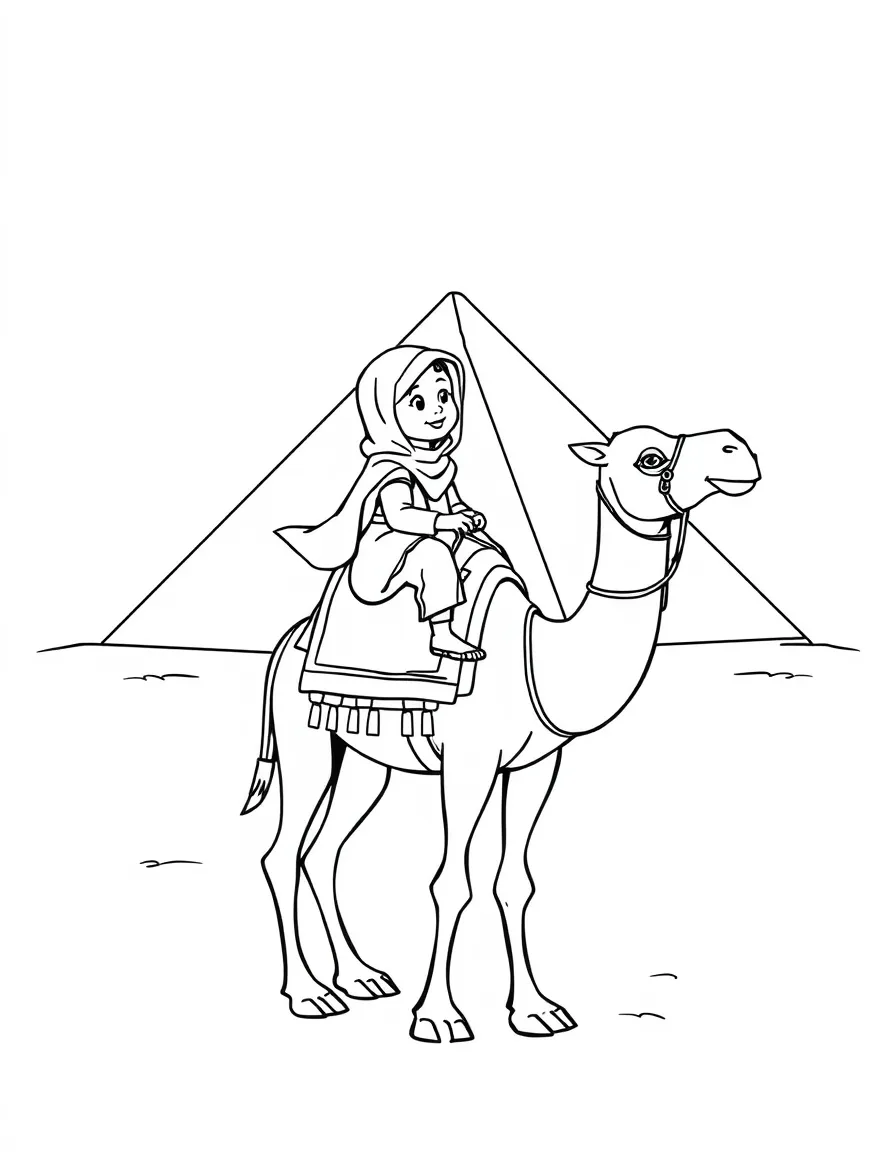 A child riding a camel with a pyramid in the background for Egypt.