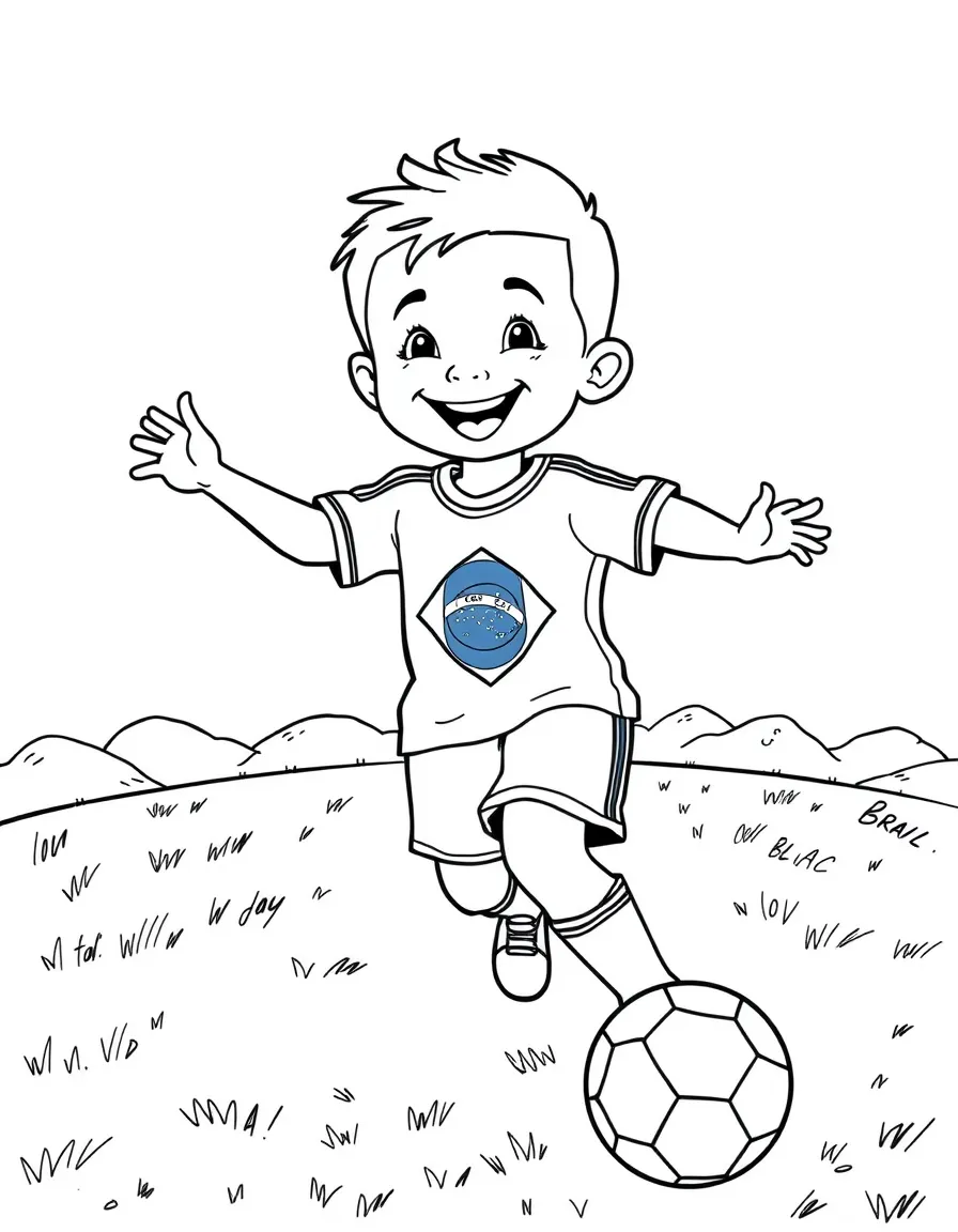 A smiling child playing soccer on a vibrant green field for Brazil.