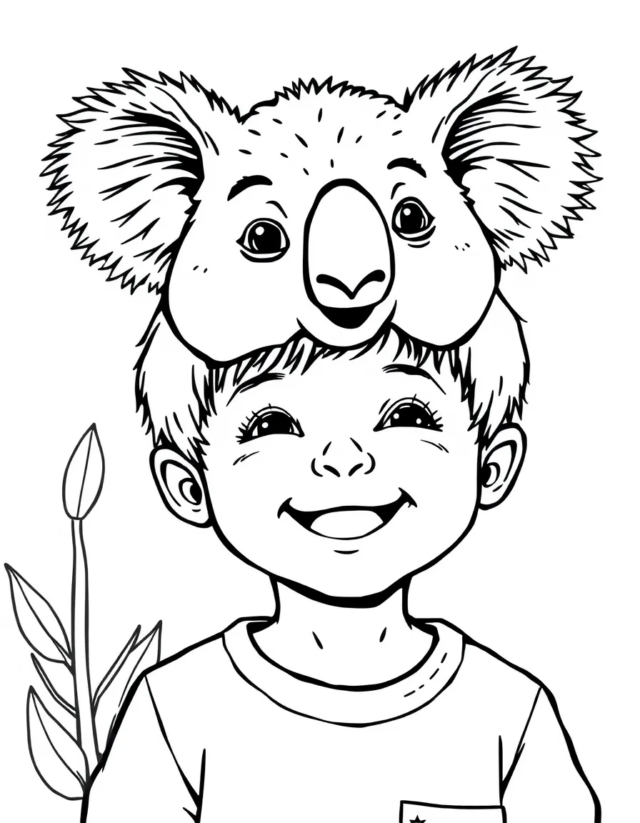 A happy child holding a koala on their head for Australia.