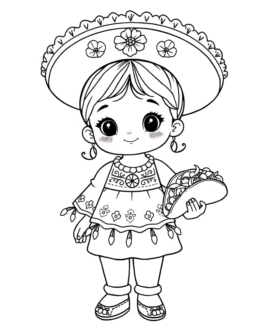 A child with a traditional Mexican dress and a taco for Mexico.