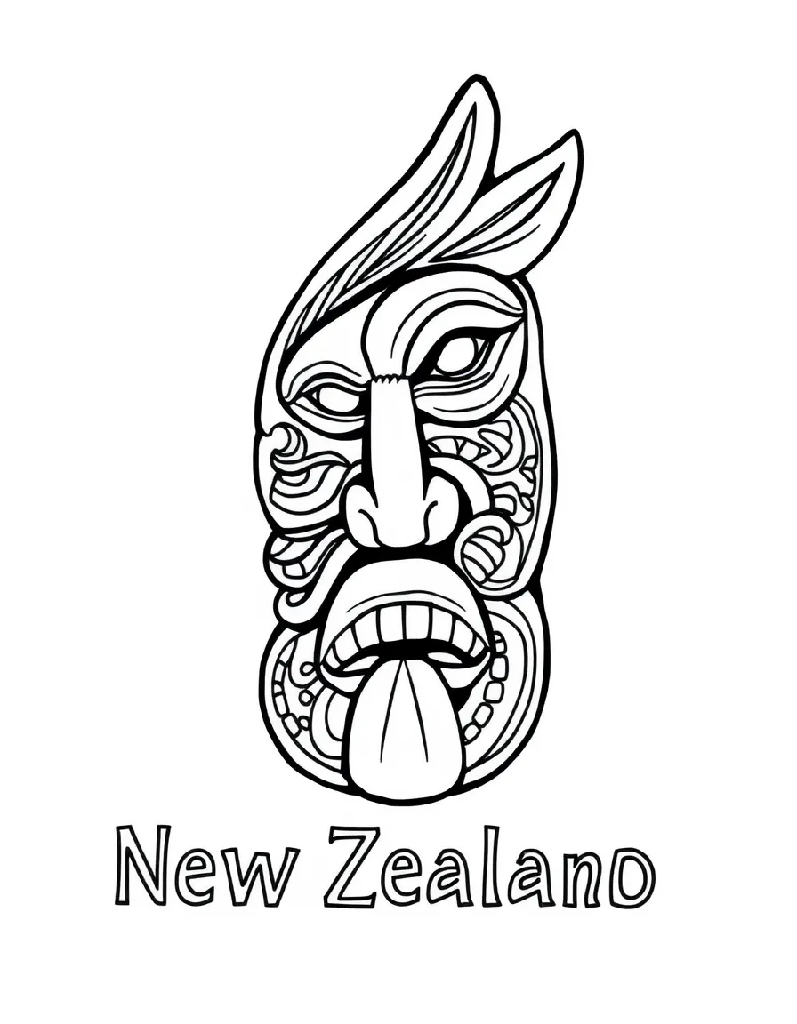A traditional Maori carving and the name New Zealand.