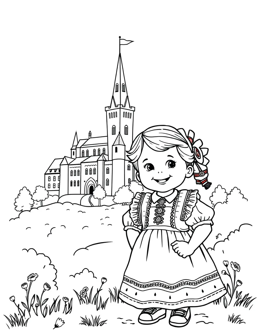 A happy child with a traditional dress and a castle in Czech Republic.
