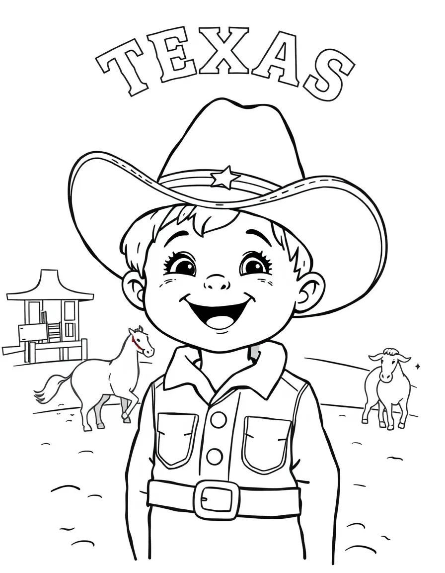 A cheerful child with a cowboy hat and a rodeo scene for Texas (as part of USA).