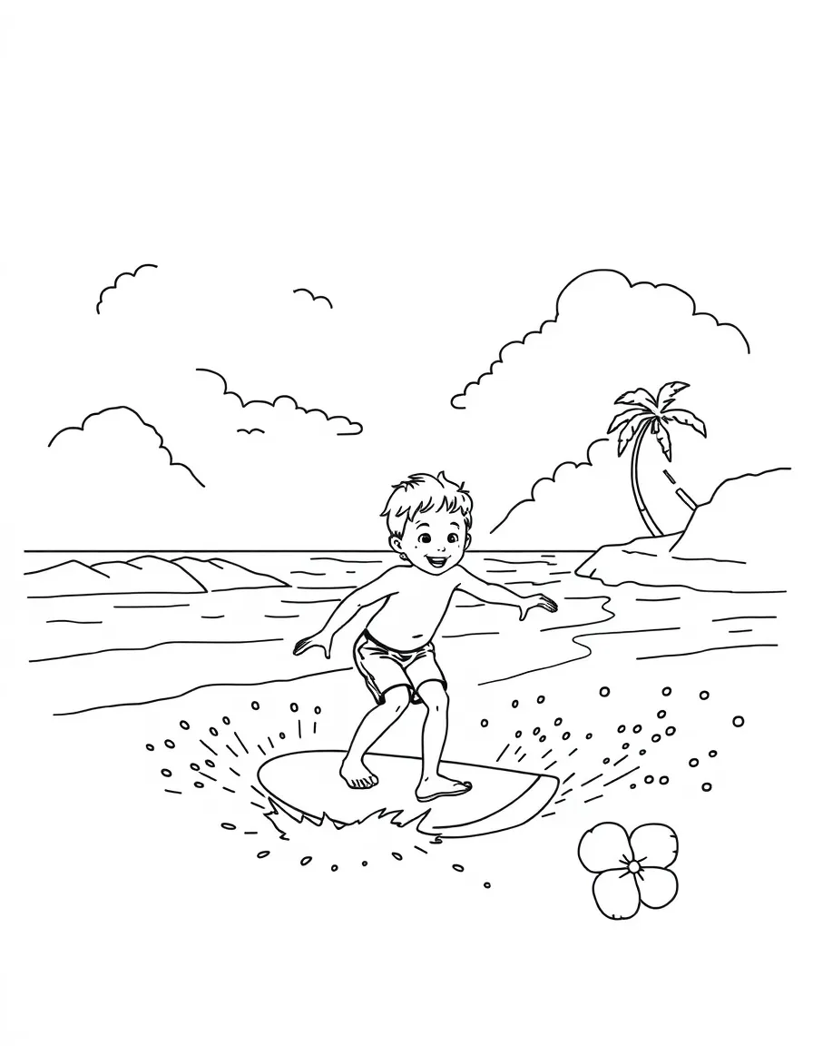 A child surfing and a beach scene for Hawaii (as part of USA).