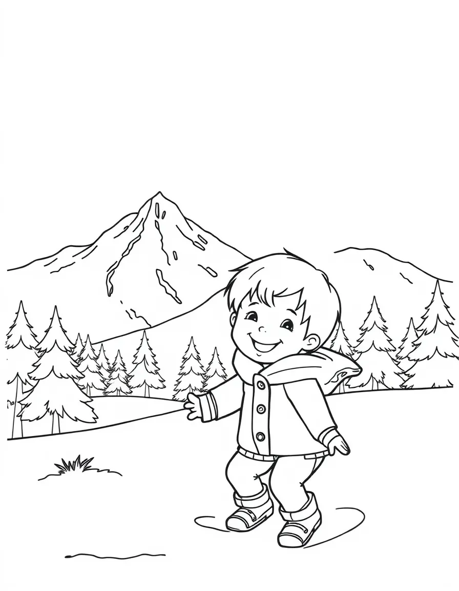 A smiling child playing in the snow and a mountain for Switzerland.
