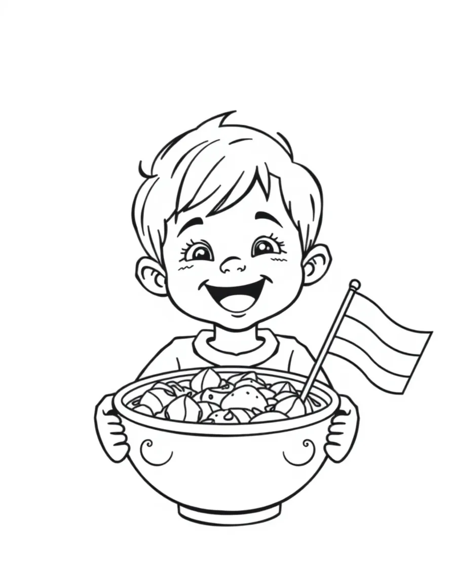A happy child with a bowl of goulash and a flag of Hungary.