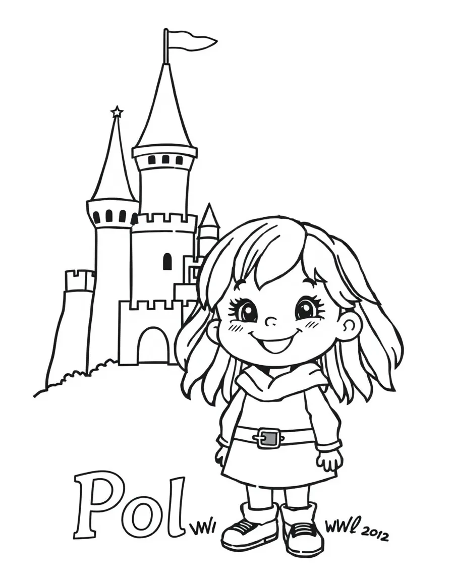 A cheerful child with a medieval castle and the name Poland.