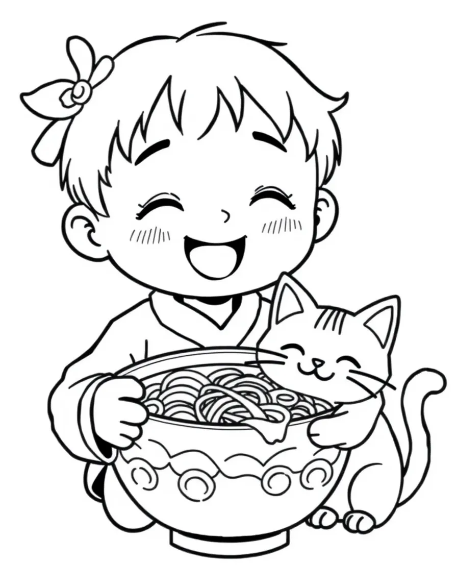 A cheerful child with a bowl of ramen and a smiling cat for Japan.