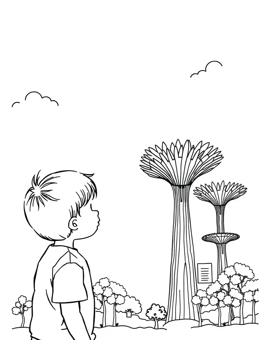 A child with a map of Singapore and a supertree grove.