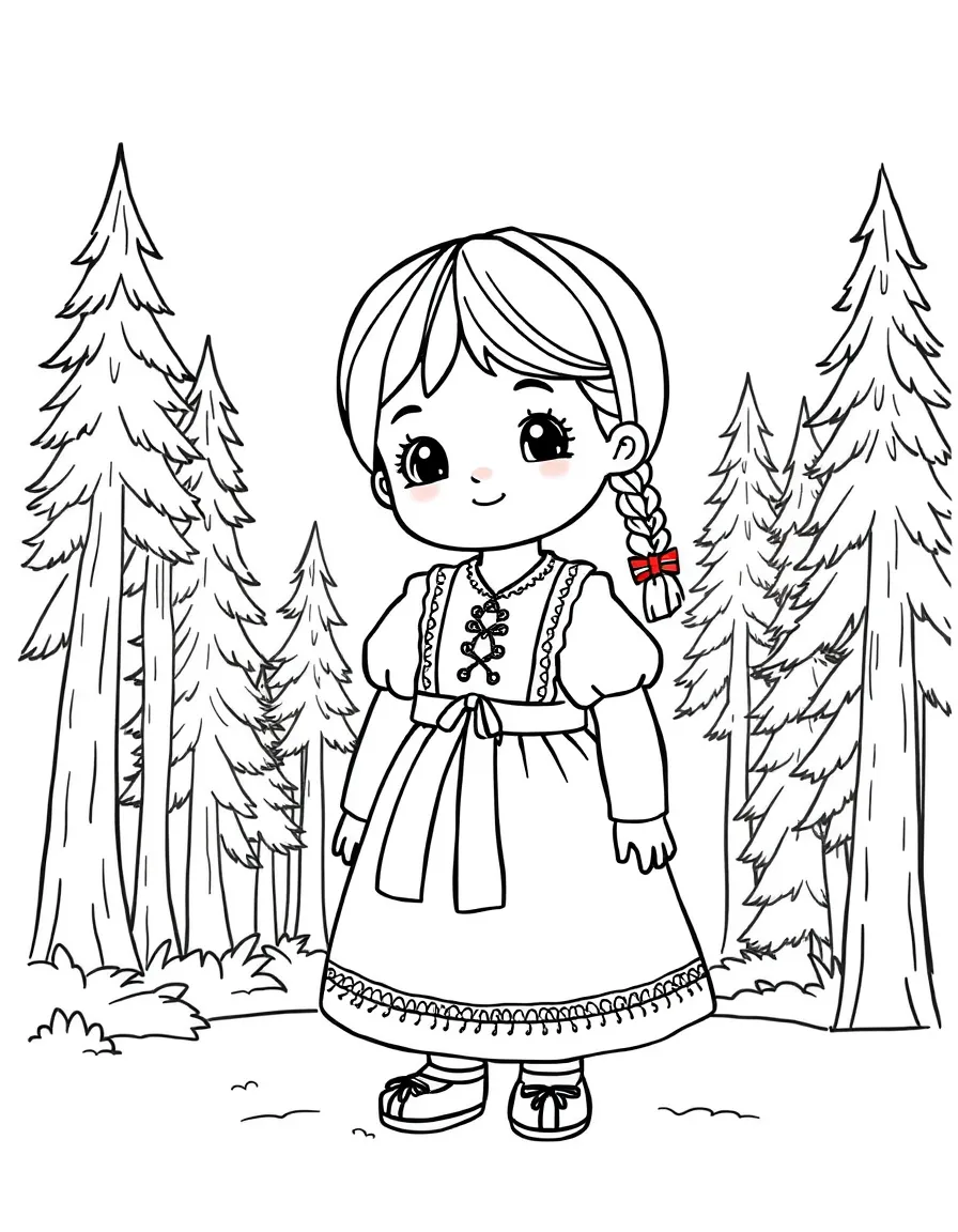 A child with a traditional dress and a forest for Sweden.