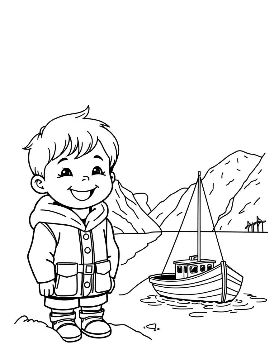 A smiling child with a small boat and a fjord for Norway.
