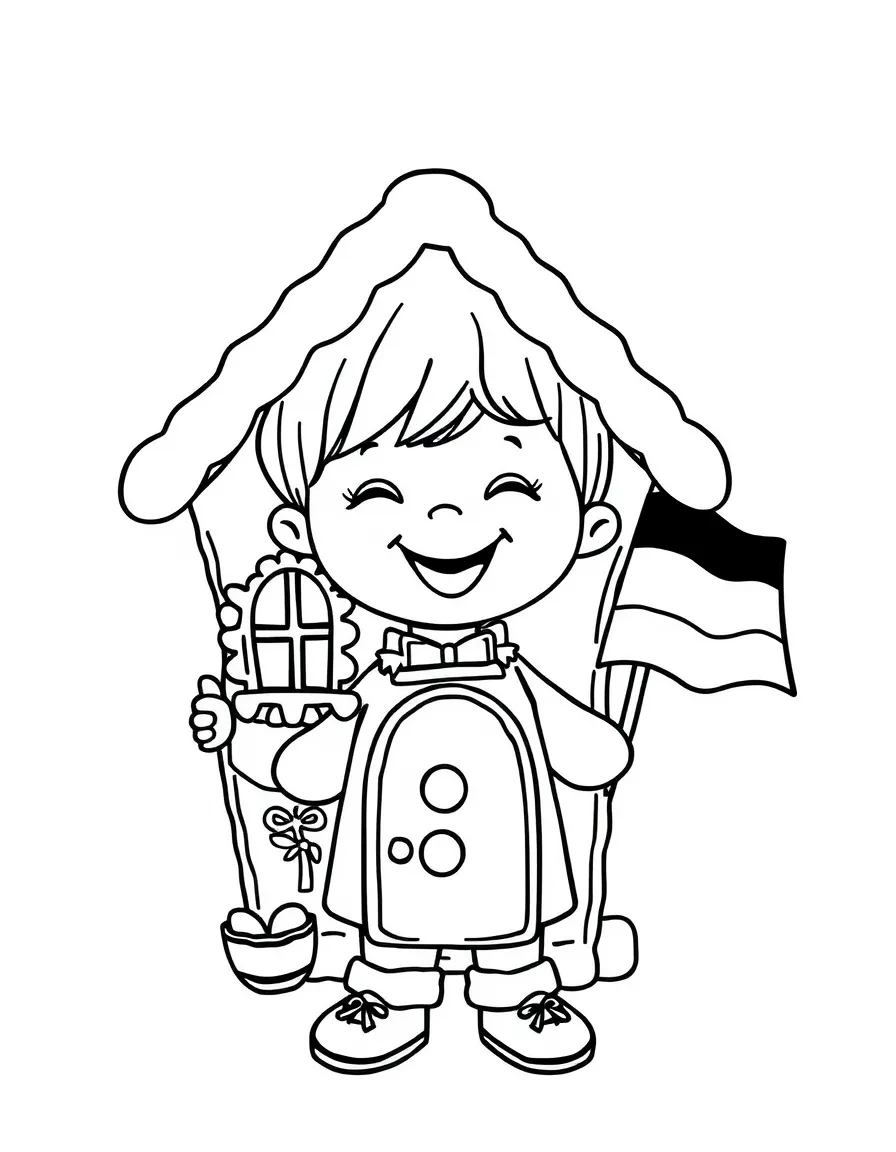 A happy child with a gingerbread house and the flag of Germany.