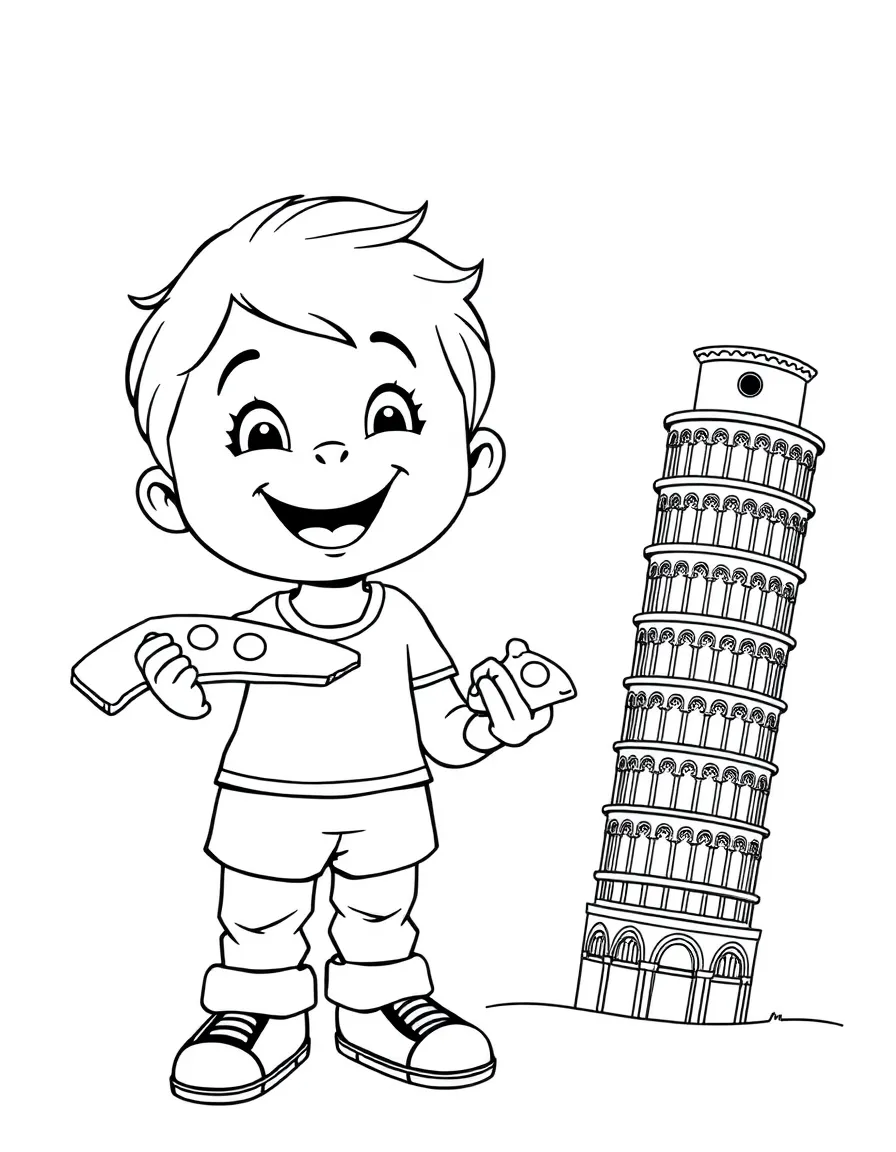 A cheerful child with a pizza slice and a leaning tower for Italy.