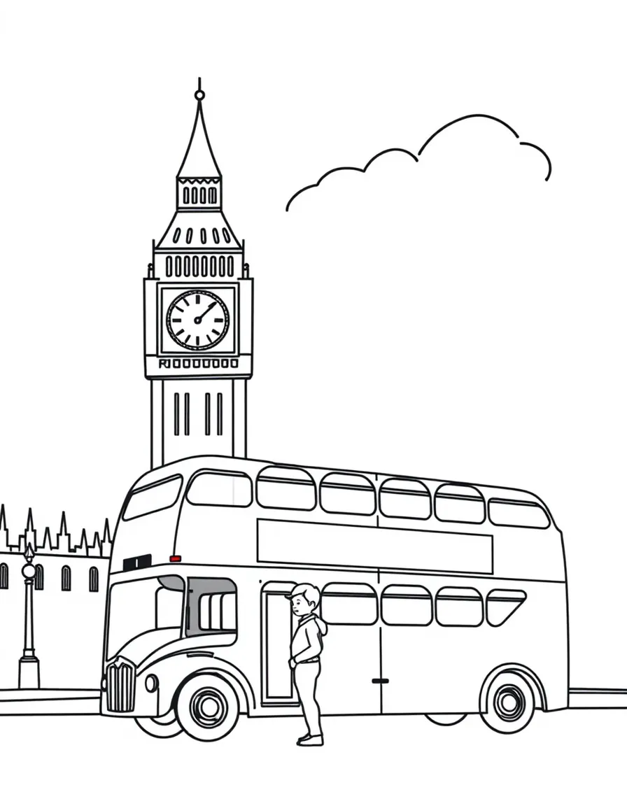 A child with a red bus and Big Ben for United Kingdom.