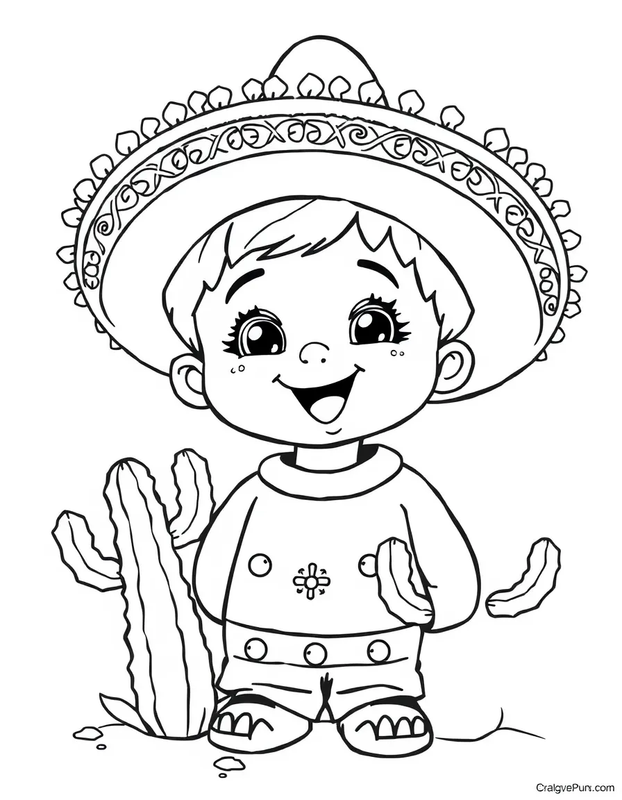 A happy child with a sombrero and a cactus for Mexico.