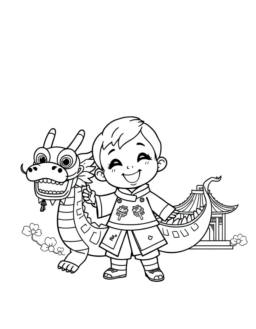 A cheerful child with a dragon dance and a temple for China.