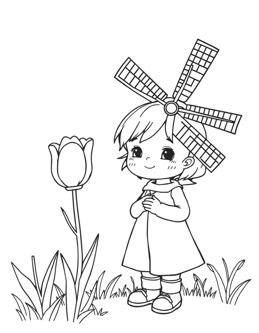A child with a tulip and a windmill for Netherlands.