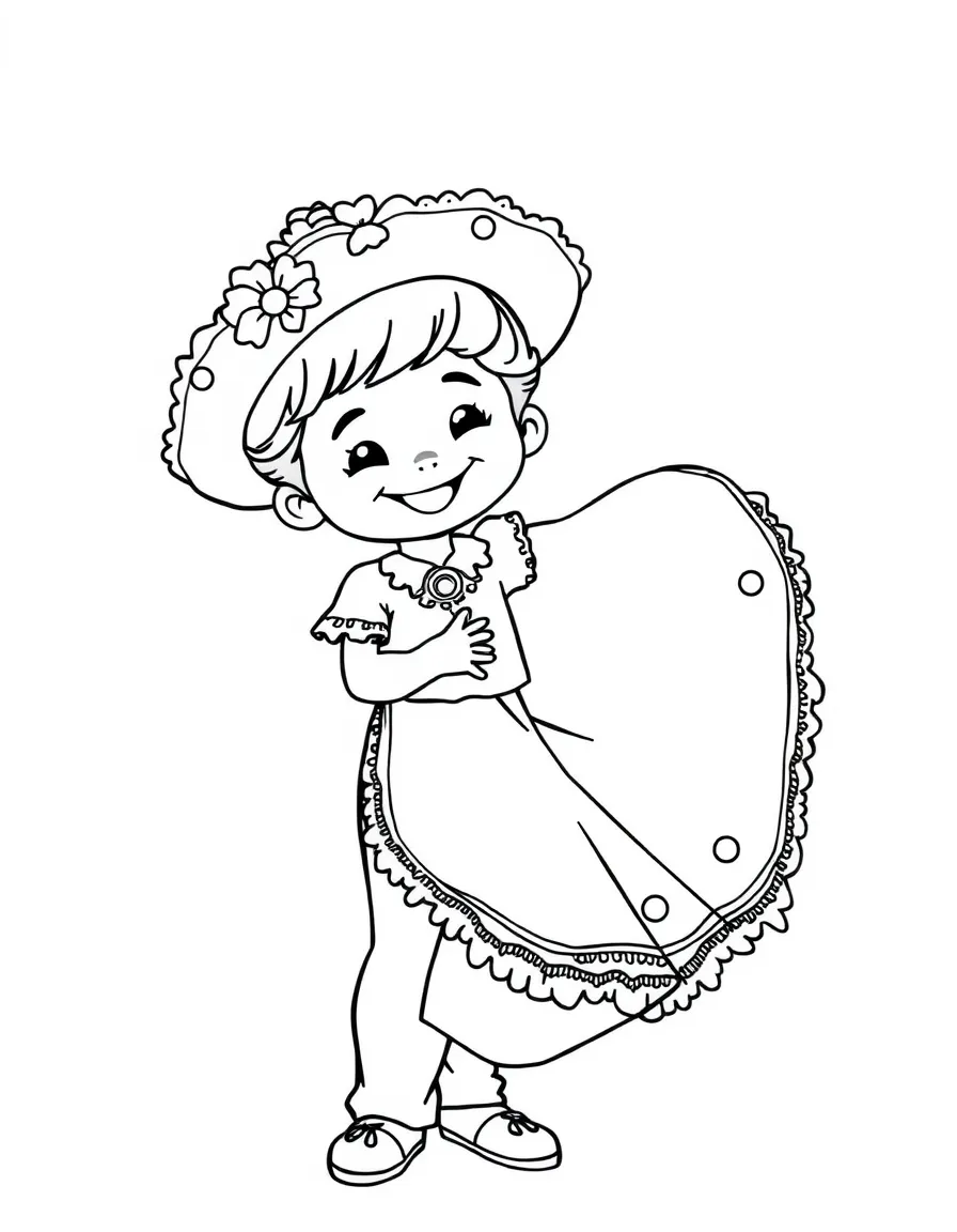 A smiling child with a flamenco dancer for Spain.