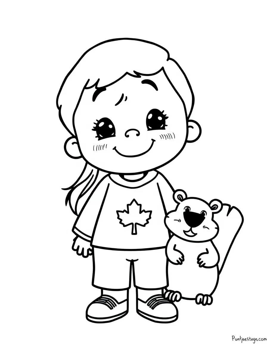 A happy child with a maple leaf and a beaver for Canada.