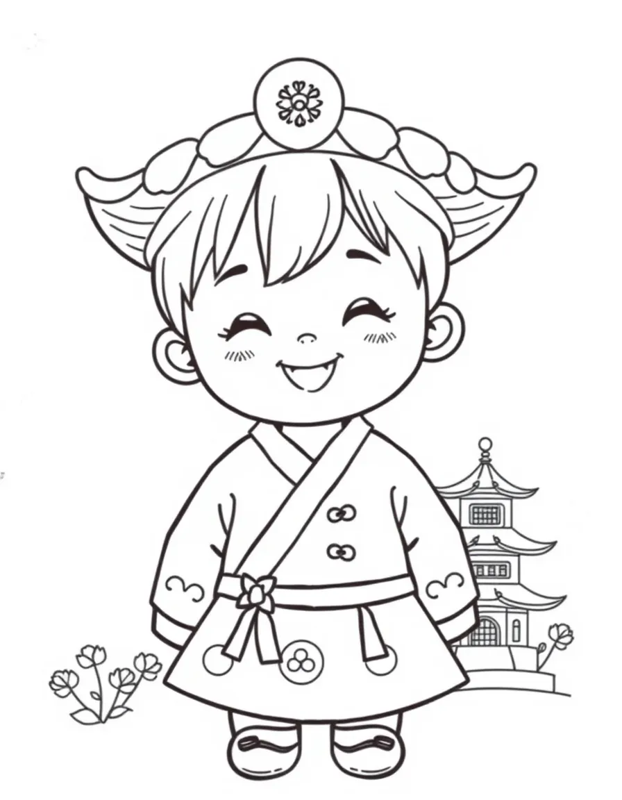 A cheerful child with a traditional Korean hanbok and a pagoda for South Korea.