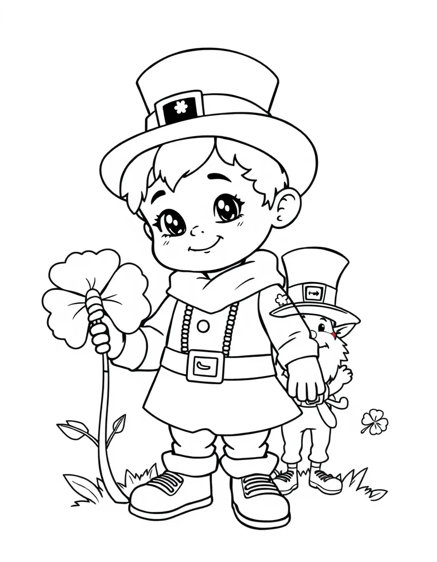 A child with a shamrock and a leprechaun for Ireland.