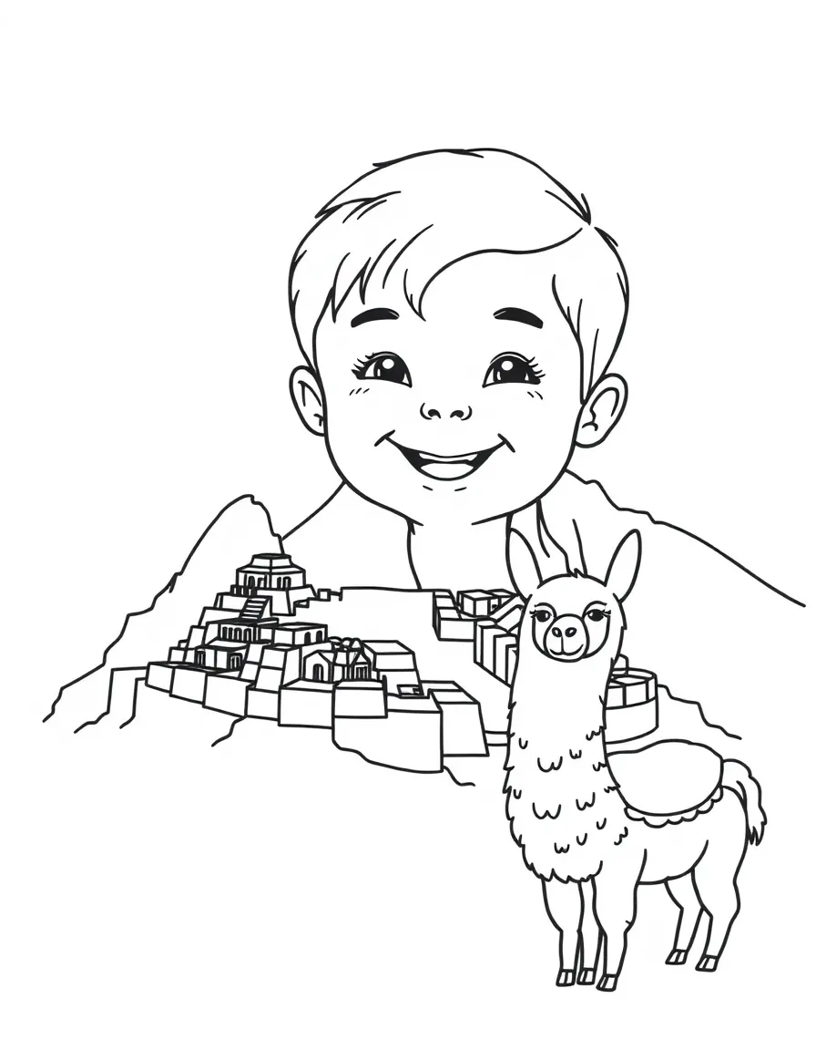 A smiling child with a Machu Picchu outline and a llama for Peru.