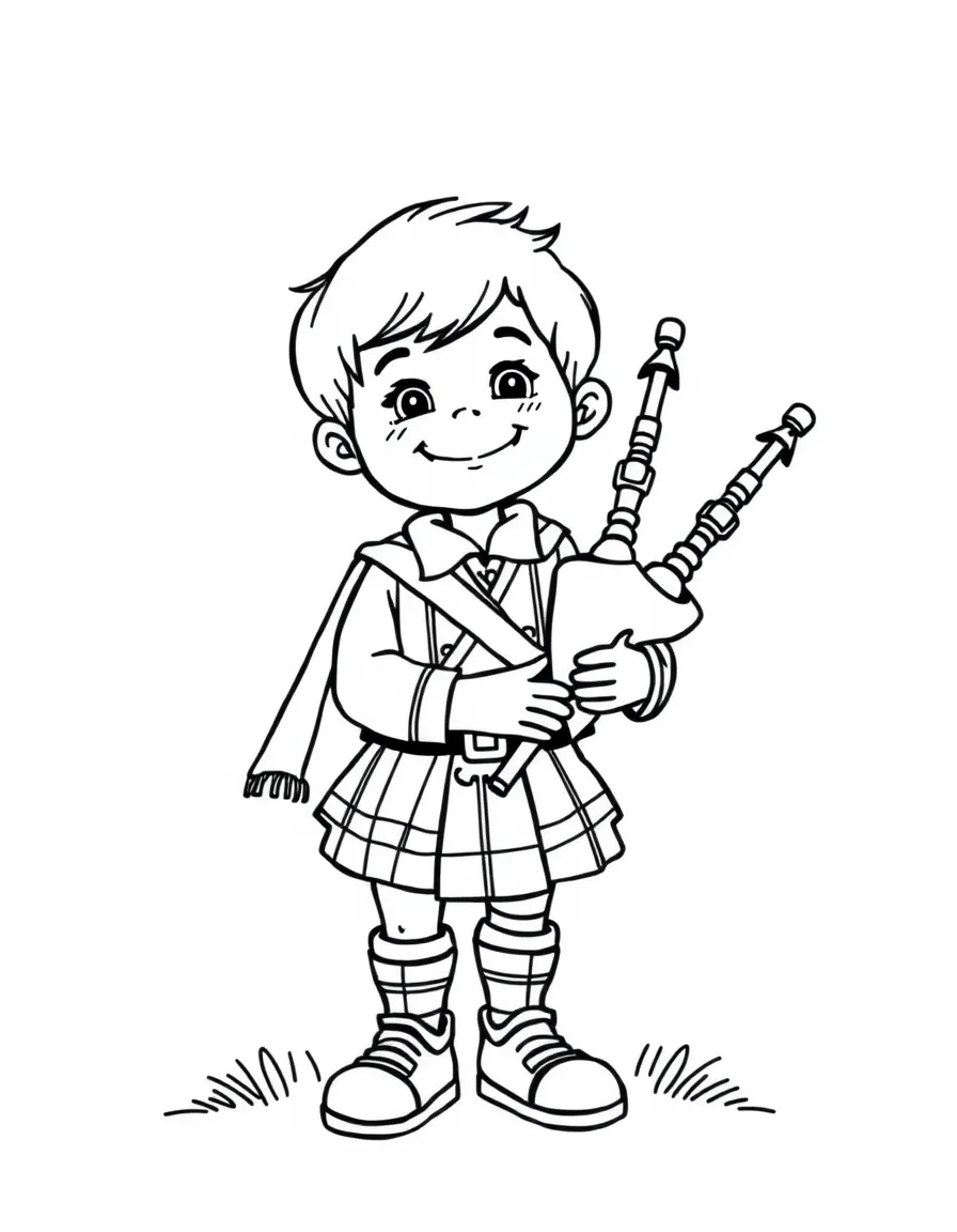 A happy child with a kilt and a bagpipe for Scotland.
