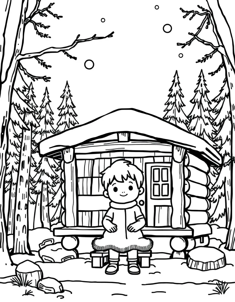 A child with a traditional Finnish sauna and a snowy forest for Finland.