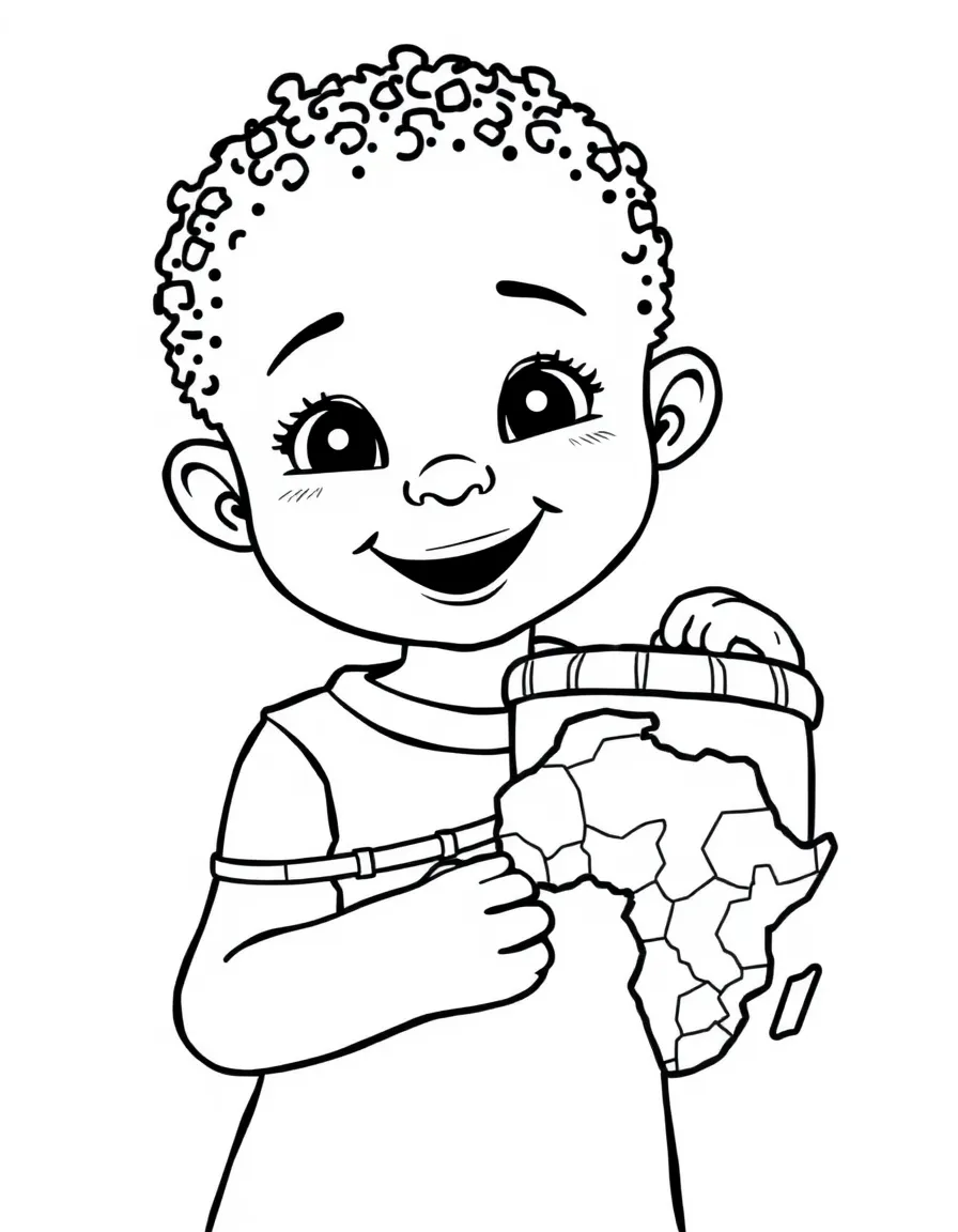 A smiling child with a djembe drum and the map of Ghana.