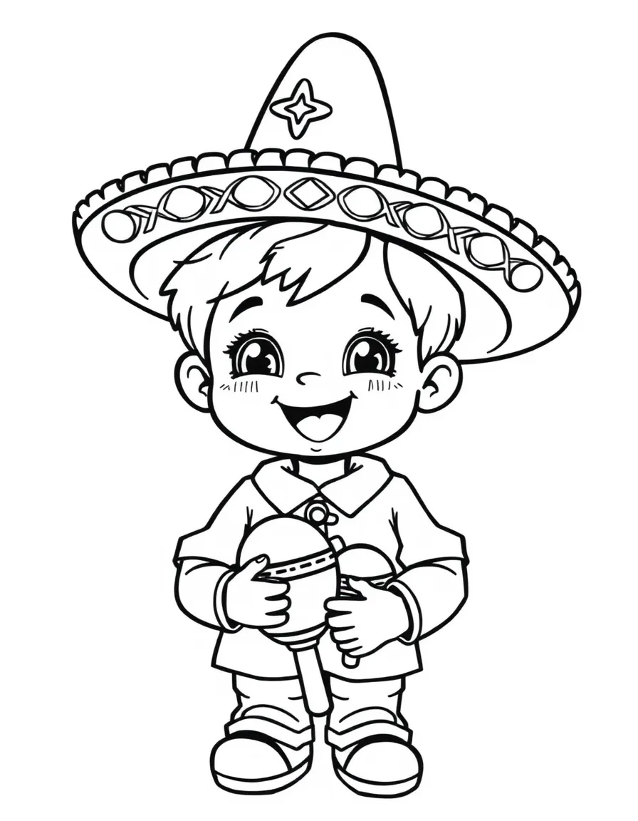 A happy child with a mariachi hat and maracas for Mexico.