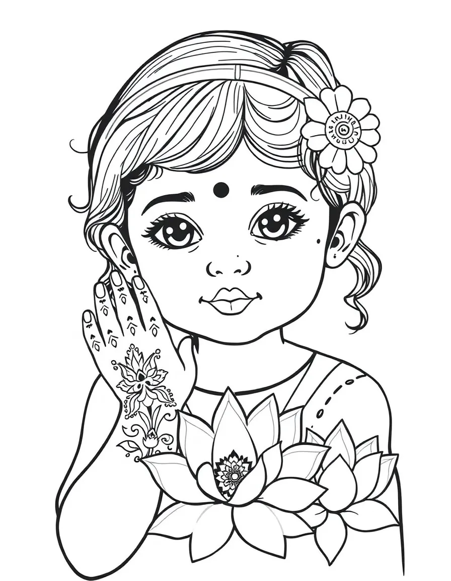A child with henna on their hands and a lotus flower for India.