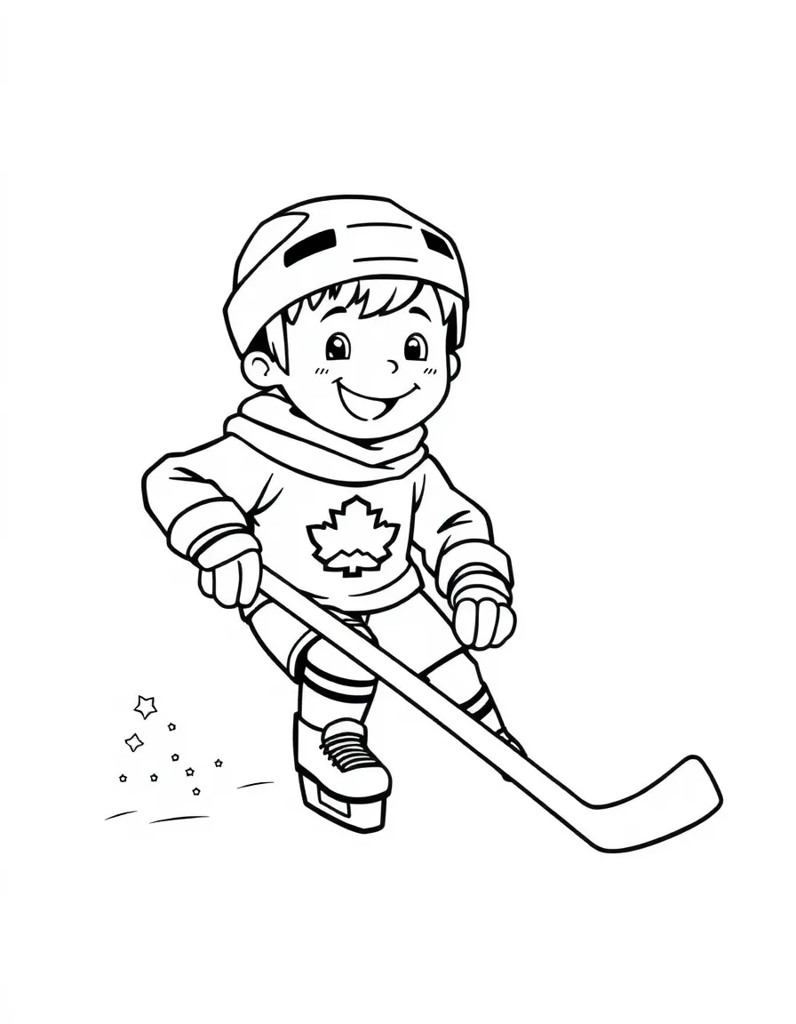 A smiling child playing ice hockey for Canada.